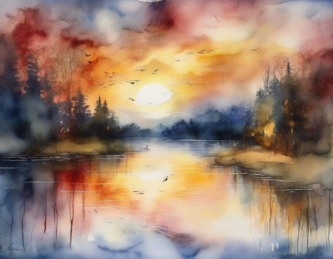 watercolour, ink splash iridescent double exposure, a beautiful fairytale lake with animals playing, ...  by @Pinto