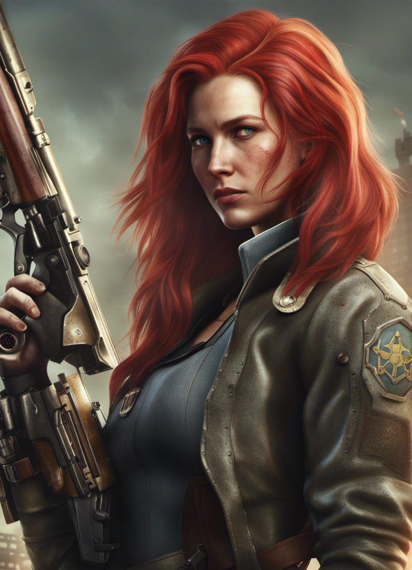 Fallout 4 inspired female character with long red hair holding a ...