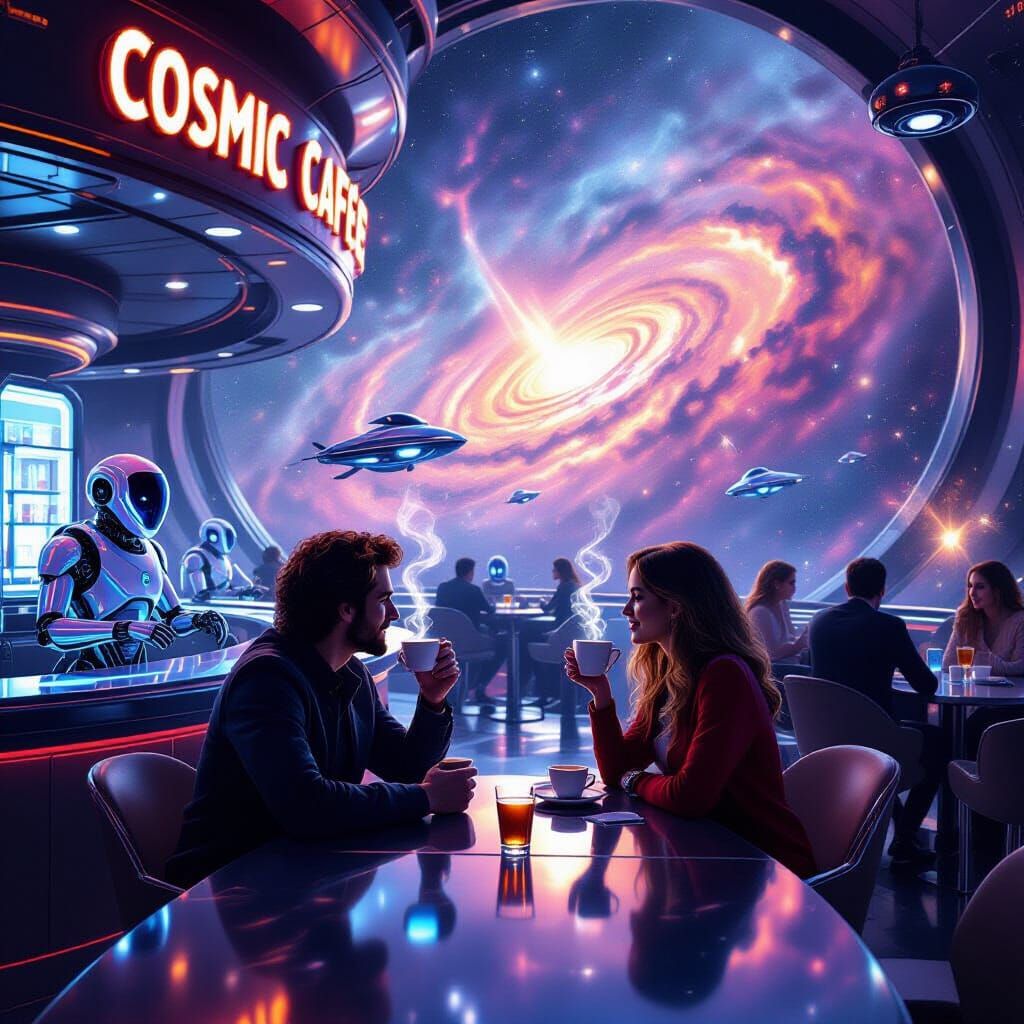 A vibrant, bustling cosmic café situated amidst a swirling nebula in outer space. Focal point of a couple ...  by @Charleen