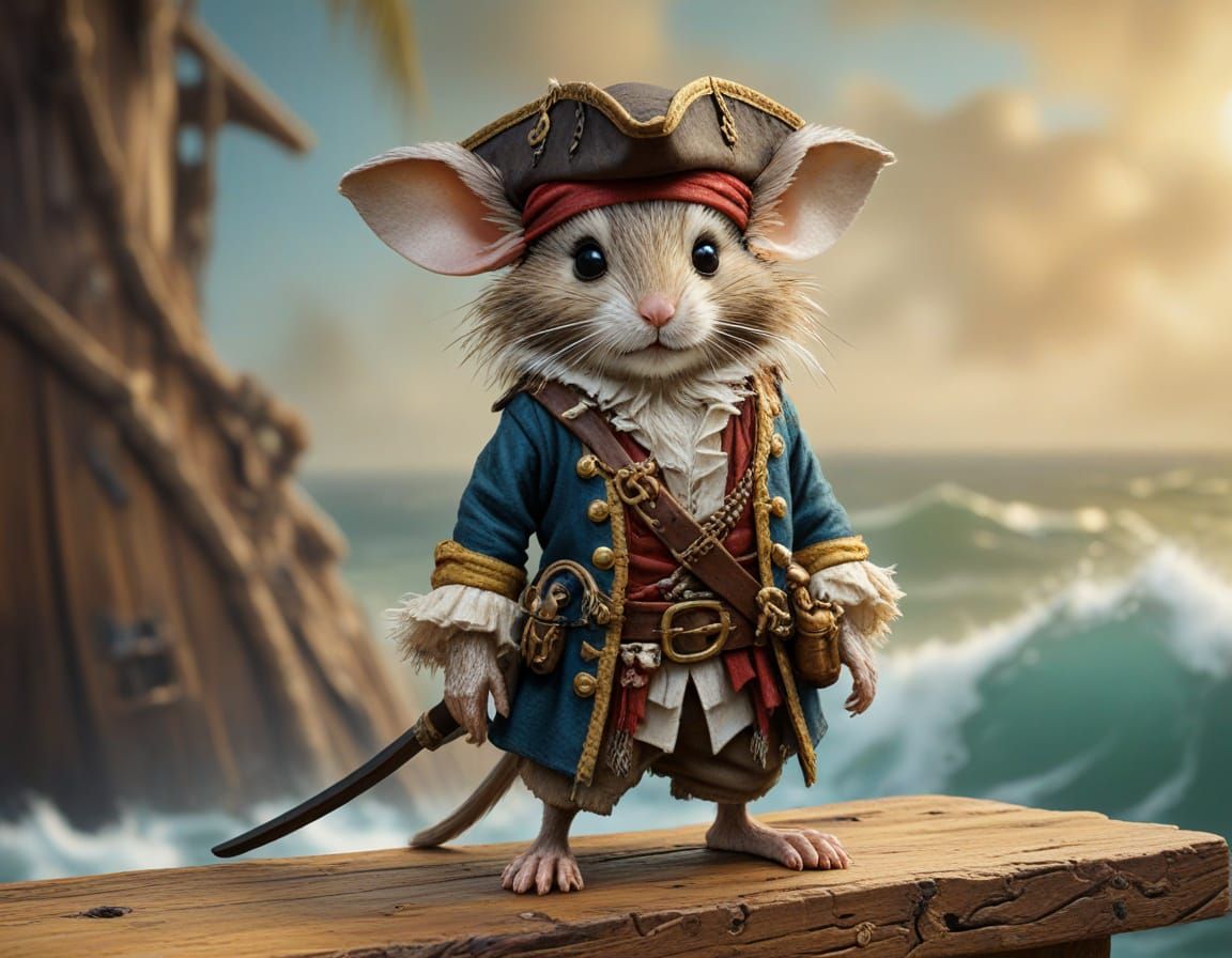 a fluffy mouse with a wooden leg dressed up as Captain Jack Sparrow. Mouse stands on a rotten wooden ...  by @Thaxam