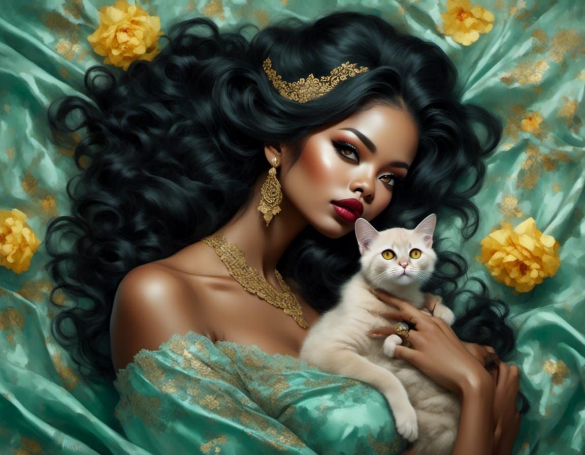 Seductive Woman with Burmese Kittens Portrait