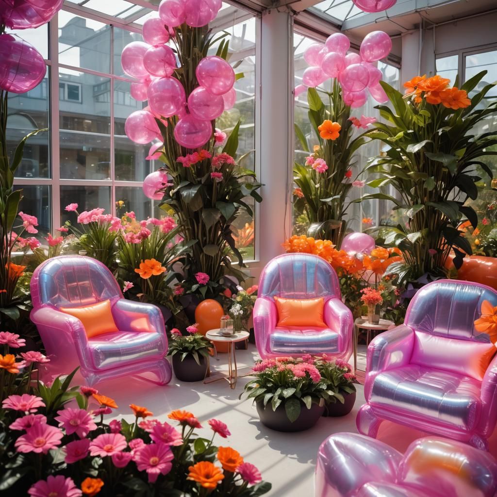 Iridescent Cellophane Garden with Inflatable Furniture
