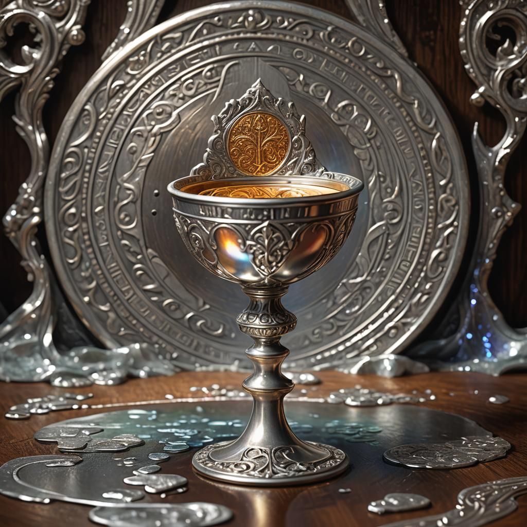 Silver Coin Reflection in Ornate Chalice