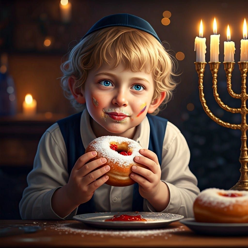 Chasidic Boy Gazing at Menorah with Sufganiyot in Hanukkah S...