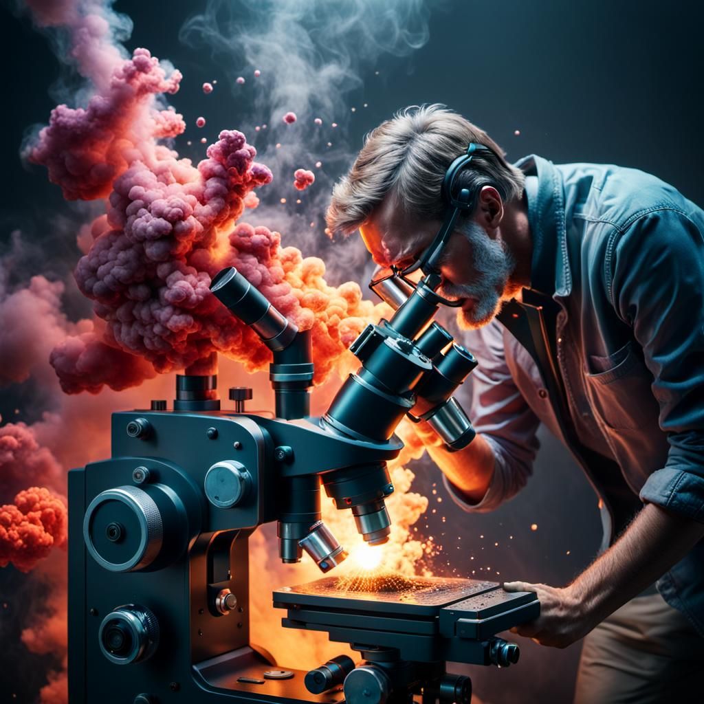 "A man lokking inside a microscope, microscope explodes ,