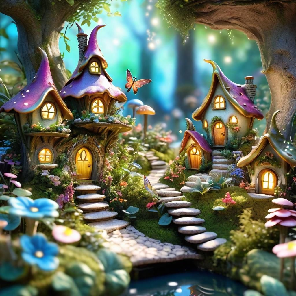 a fairy garden with fairy houses and tiny fairies flying around, fairy ...