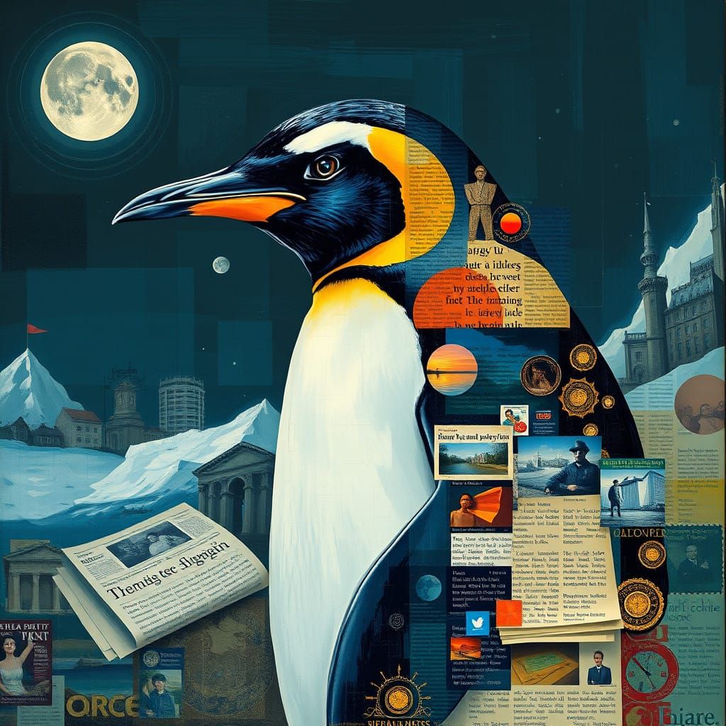 digital,warrior penguin IT sapphire newspaper collage oils Afremovesque Berenice Abbott mix-media