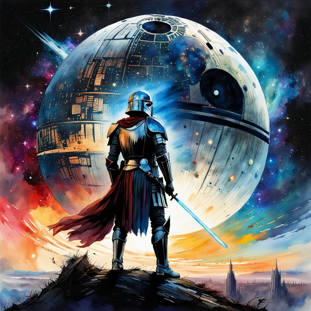 Medieval Knight faces the Death Star  by @Topher