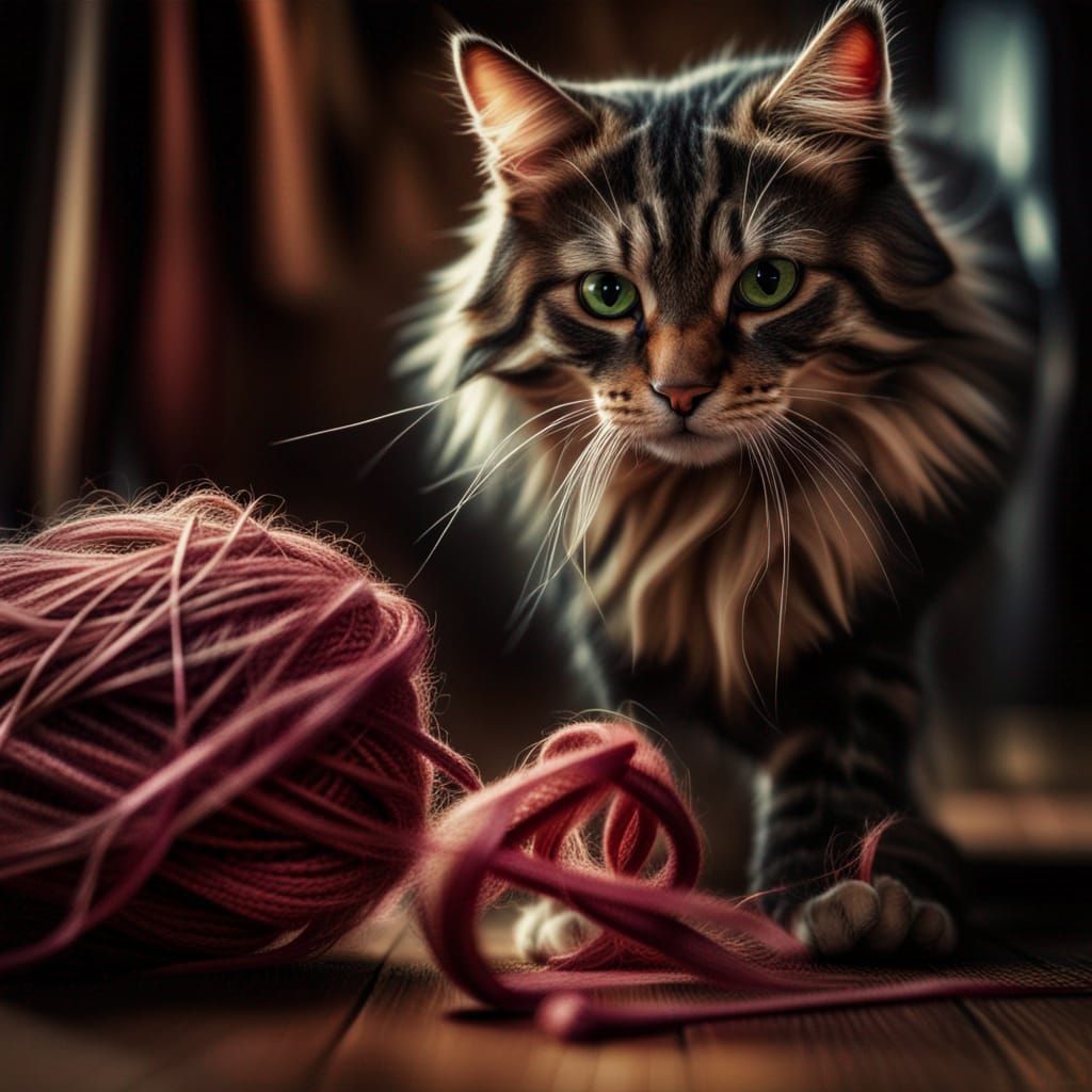 A cat with a ribbon playing with a ball of wool  by @shs_kenya