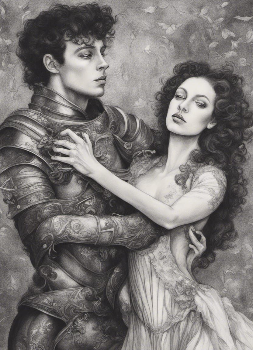 medieval knight embracing drag_queen medieval damsel;by artist 