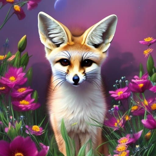 Beautiful Fennec fox with star eyes among flowers; head and shoulders ...