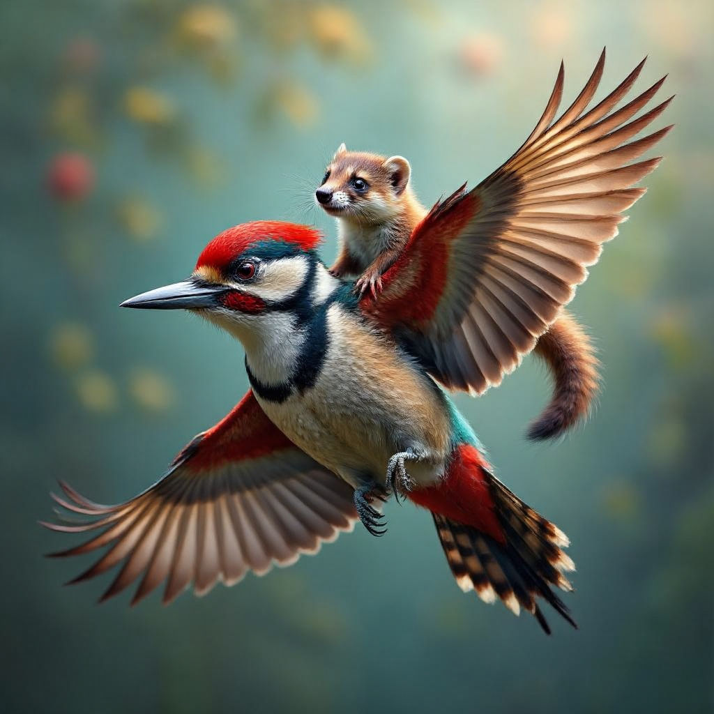 A Woodpecker while in flight has a micro Weasel on it's back