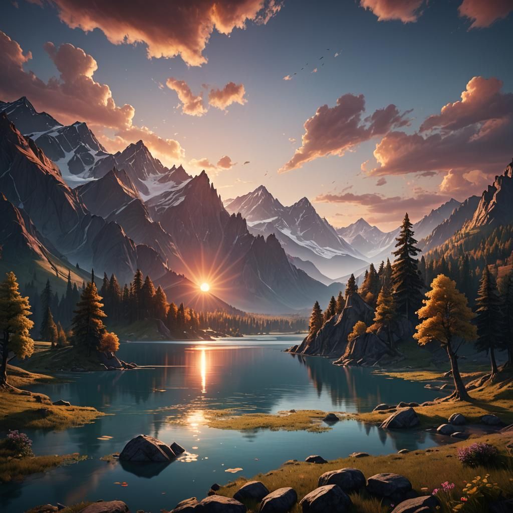 Lake surrounded by mountains and some trees at sunset
