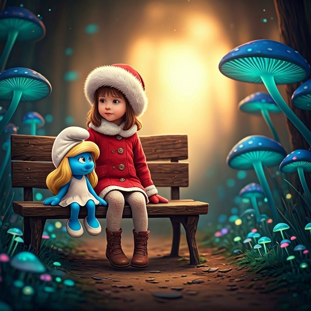 Little Girl and Her Smurfette Friend Amidst Whimsical Forest