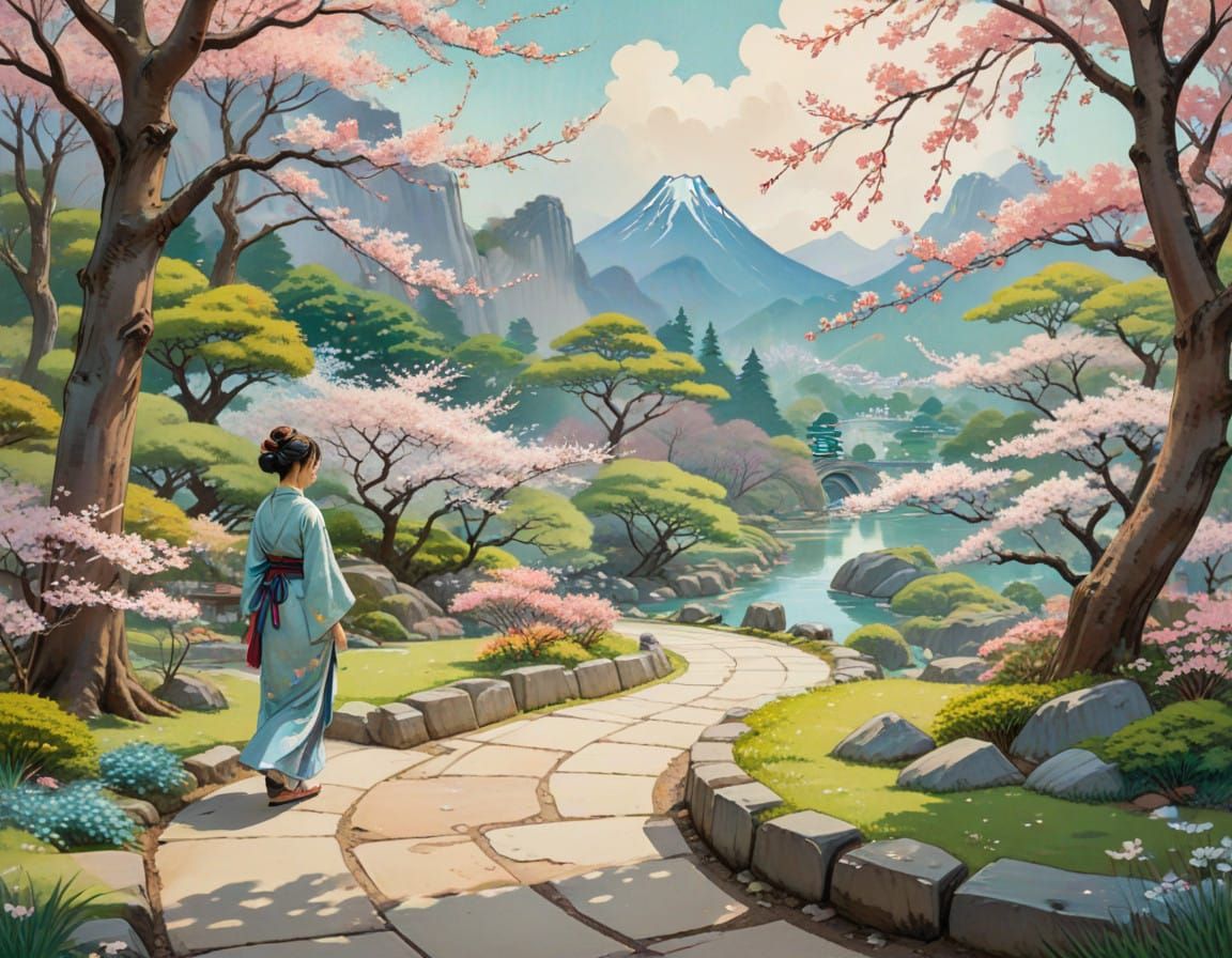 Serene Japanese Garden in Watercolor Style