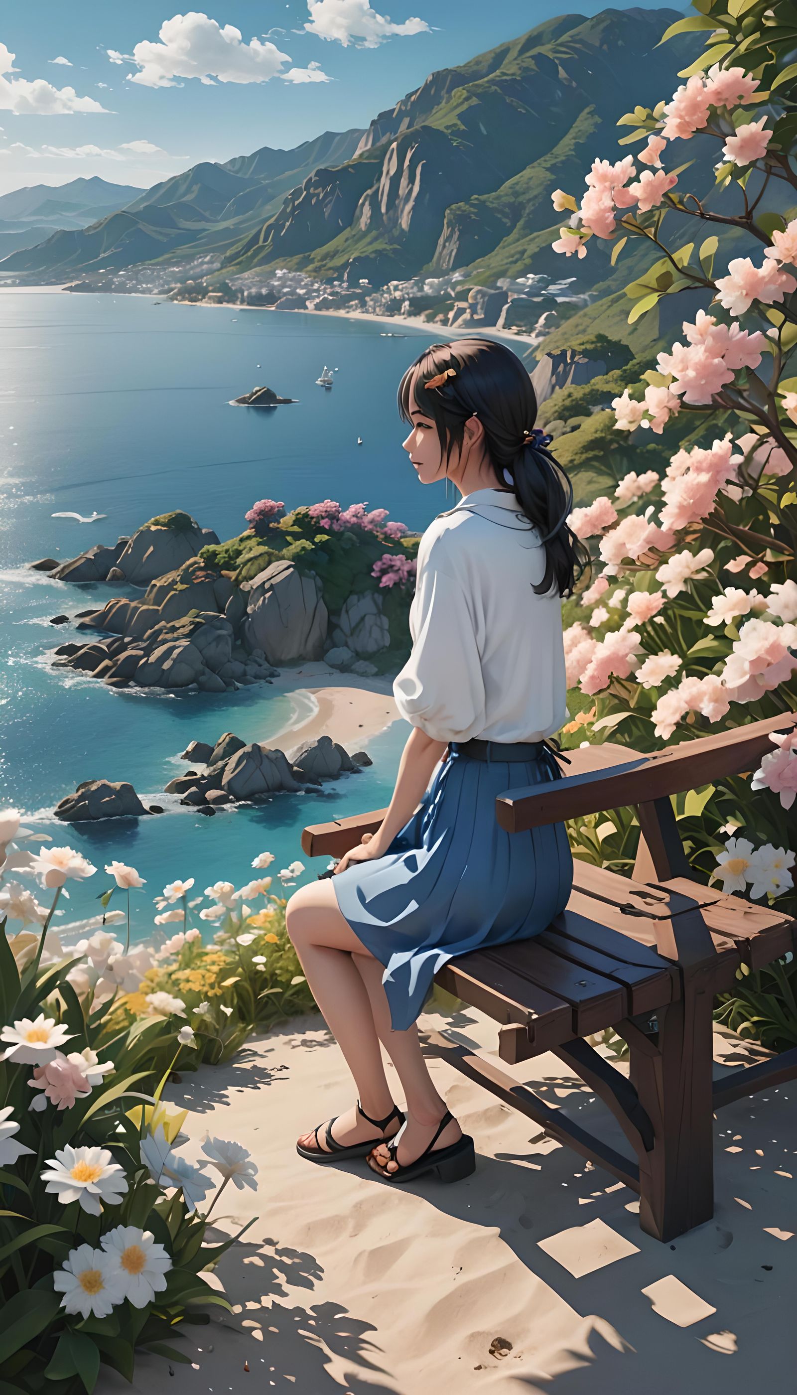A girl sitting on the bench ilwith flowers plants and mounta...
