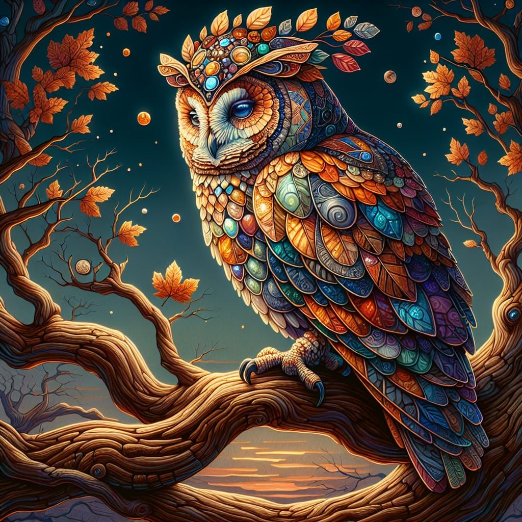 A majestic owl perched gracefully on a gnarled, ancient tree branch beneath a soft twilight sky. Its feathers glimmer like intricate stained...