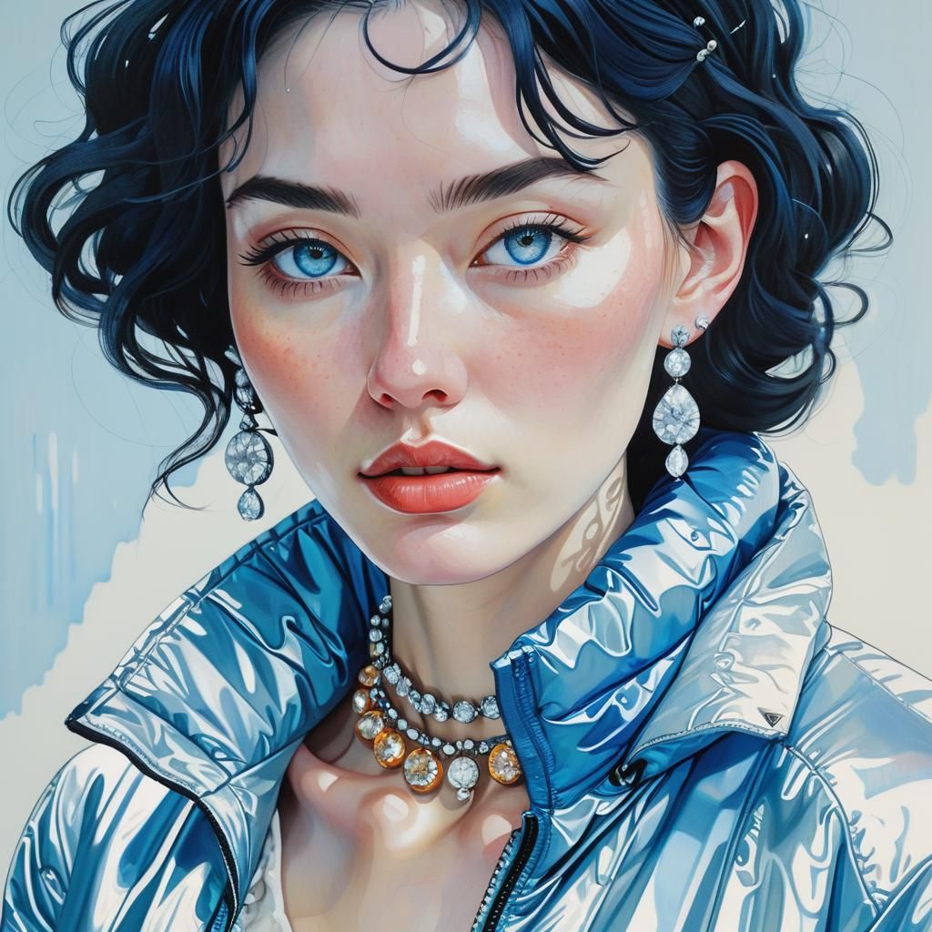 Magical Realism Portrait: Asian Woman in Steel-Blue Jacket