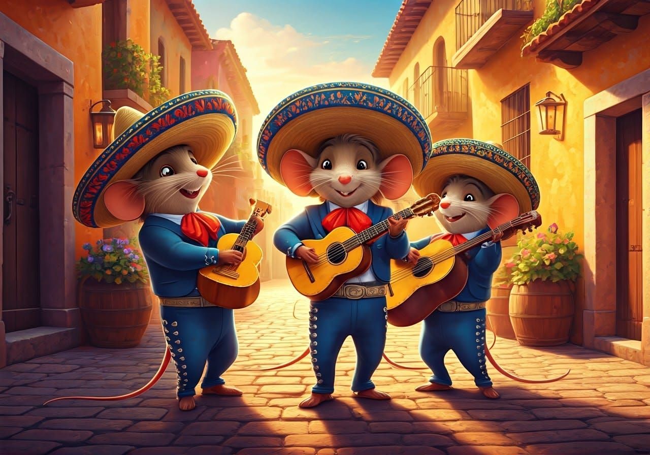 a hyper-detailed, whimsical scene of a marciachi band composed of charismatic mice dressed in vibrant, ...  by @JuiceBox