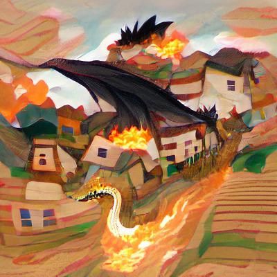 A dragon burning down a rural village