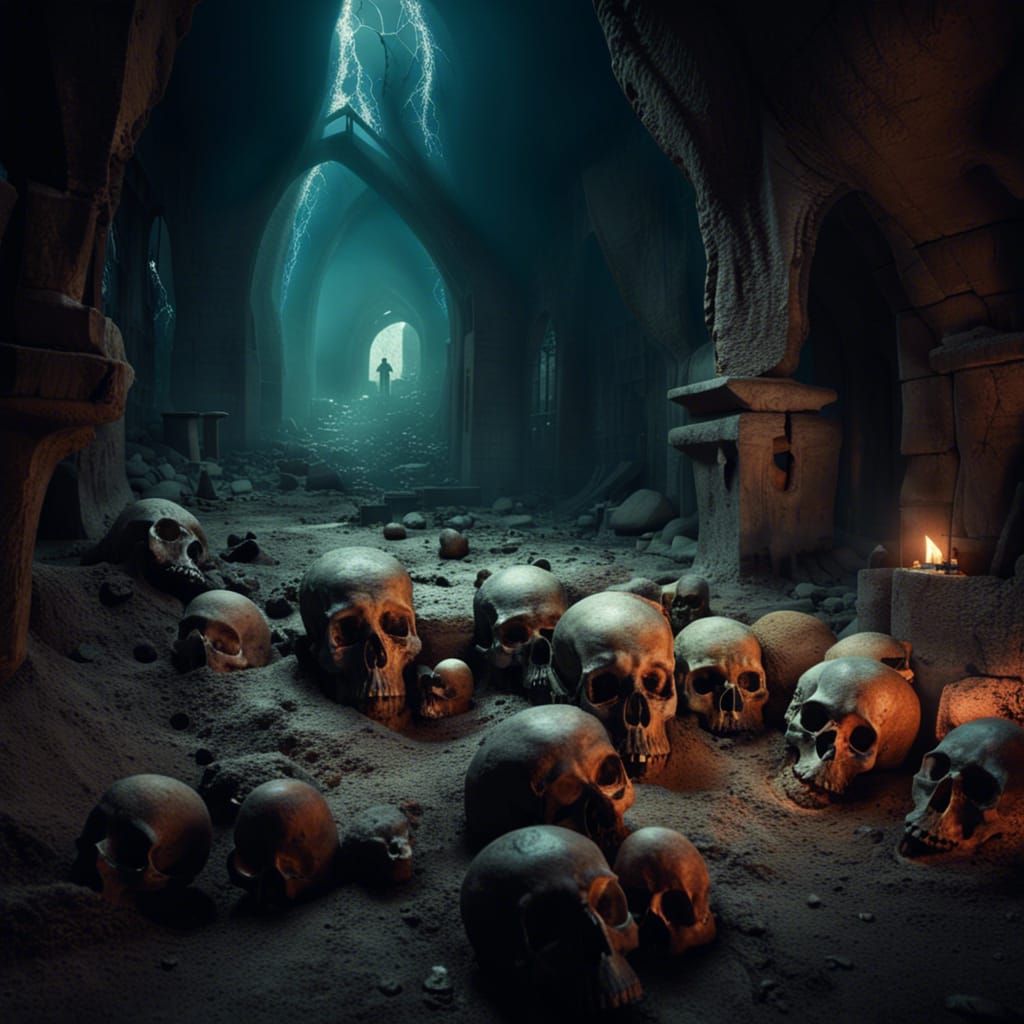 Archeological dig site, he graves of giants, skeletal remains, skulls the size of houses; cinematic, ...  by @Flustercluck
