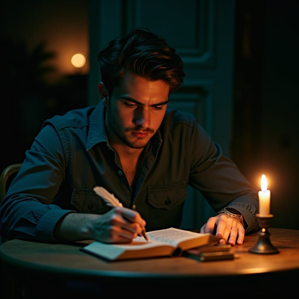 Young Man Captures Thoughts by Candlelight