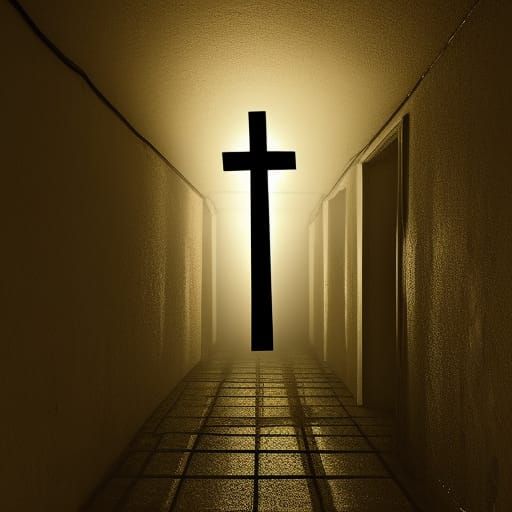 a dark pitch black passage way with a glowing cross at the end - AI ...