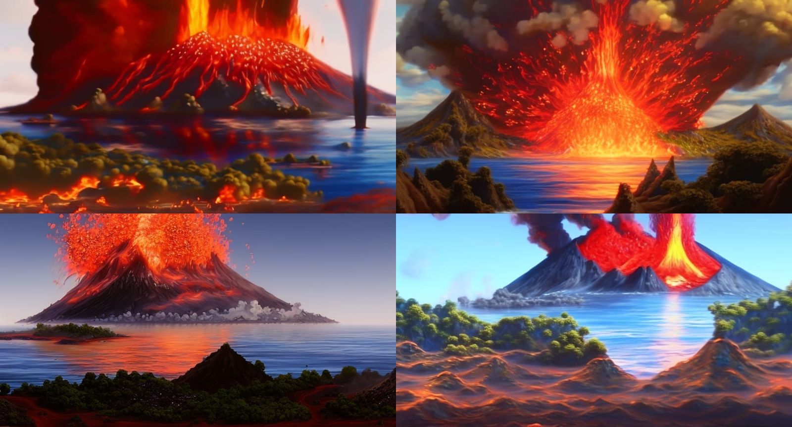erupting volcano surrounded by a village with the ocean in t...