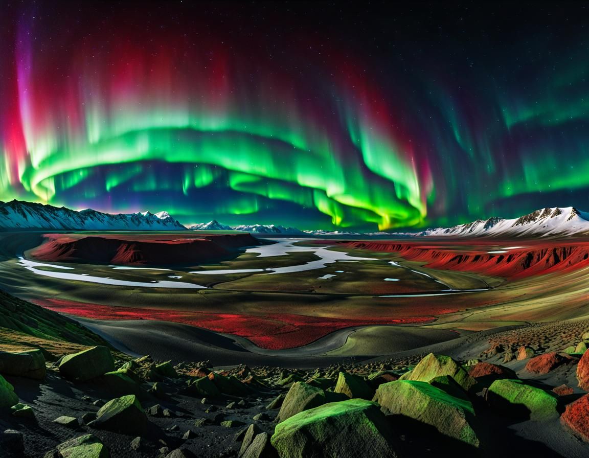 Windswept Wasteland Panorama with Northern Lights