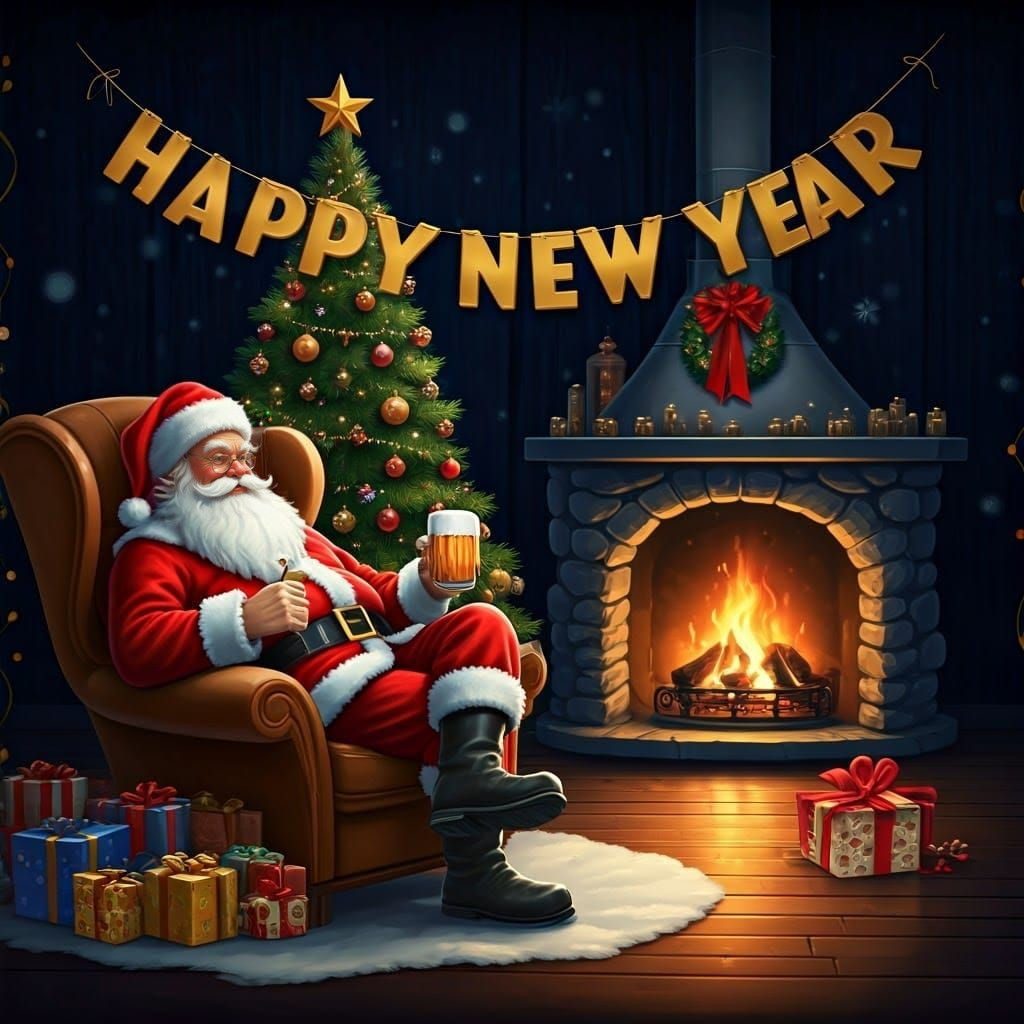 "Happy New Year"  banner across the top. Santa is relaxing in a oversized chair drinking a beer by a ...  by @Oma