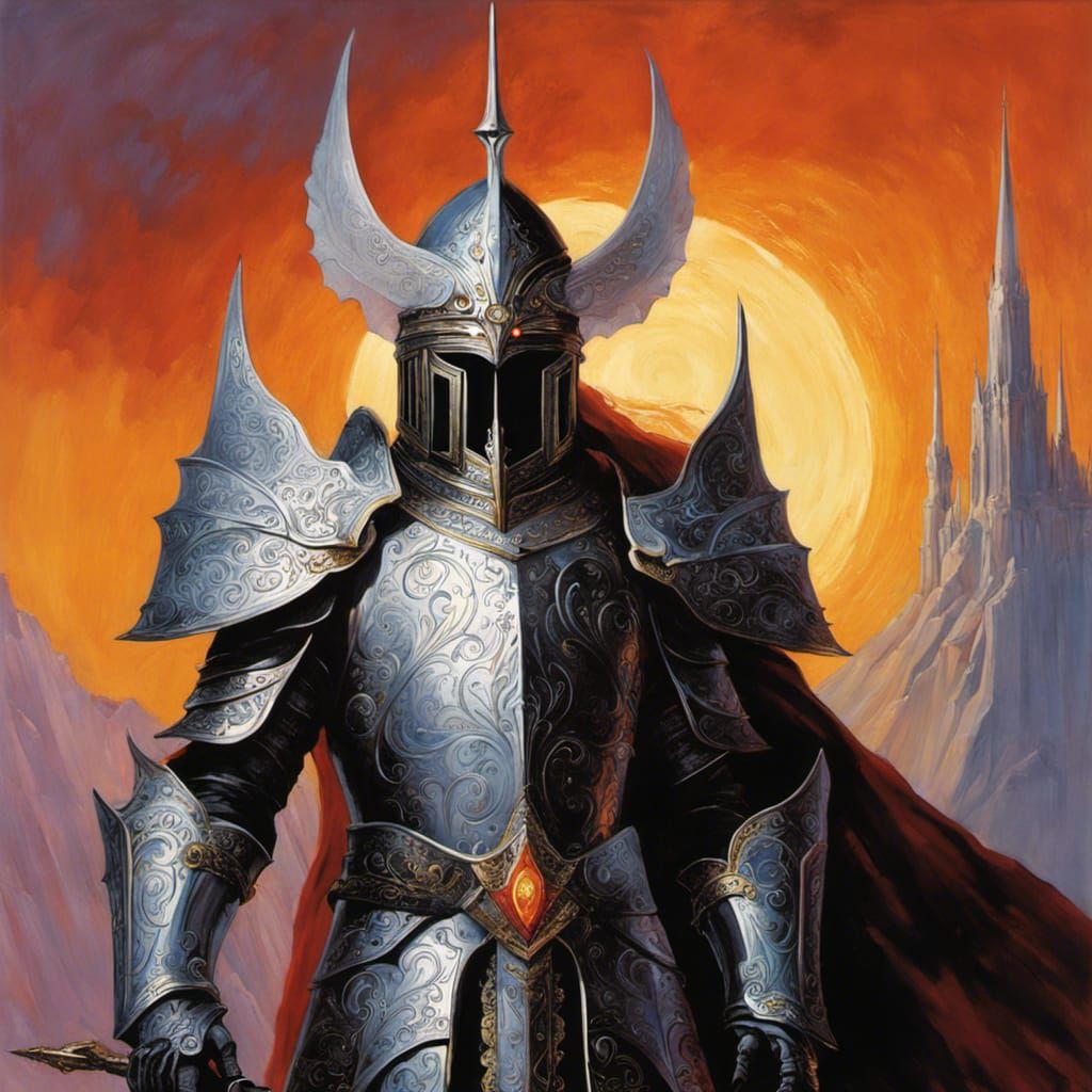 Sauron in elvish white ornate armour, holy, , by Richard Michael Gorman ...