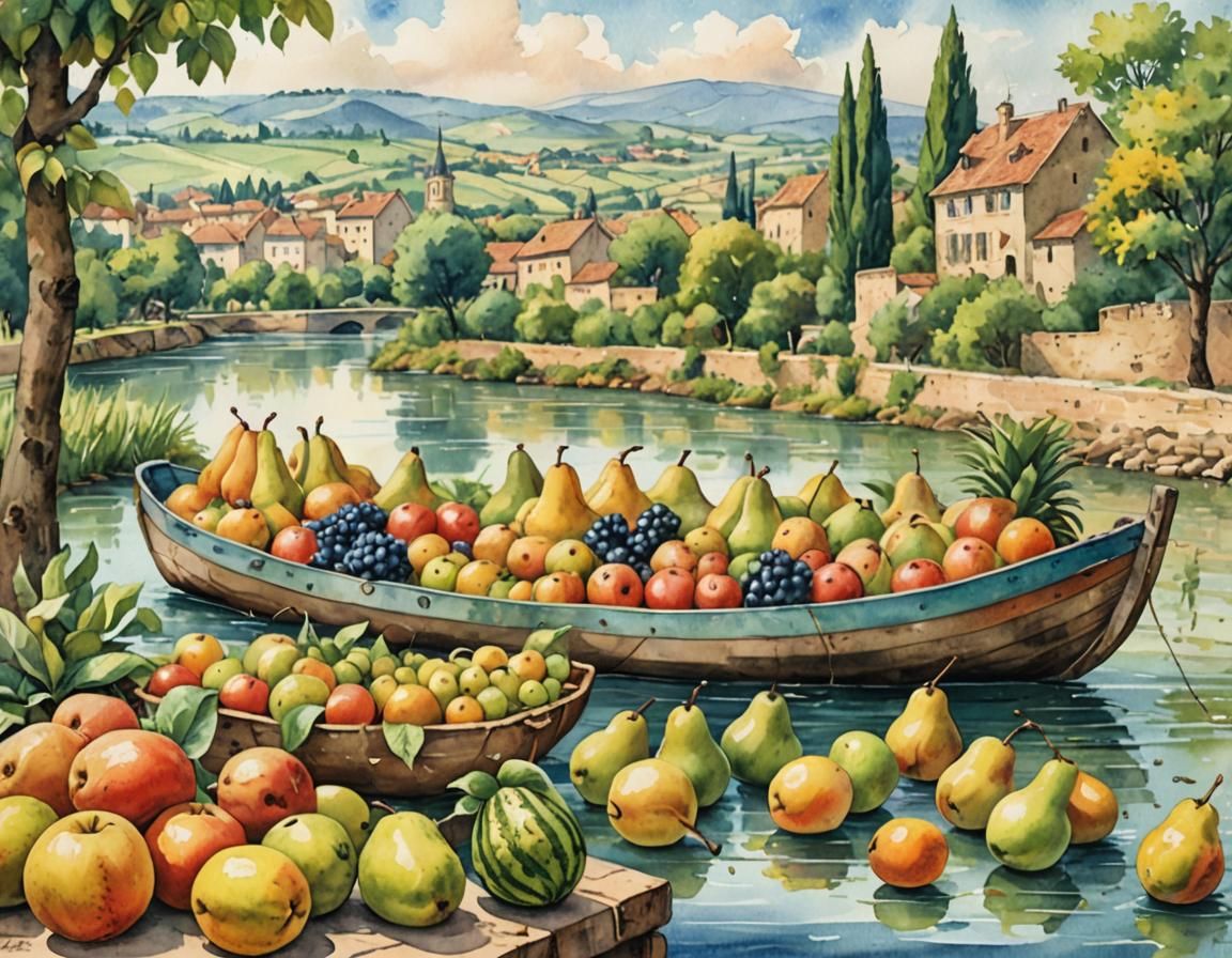 Fruit Parade.
Along the river in a French province, a large ...