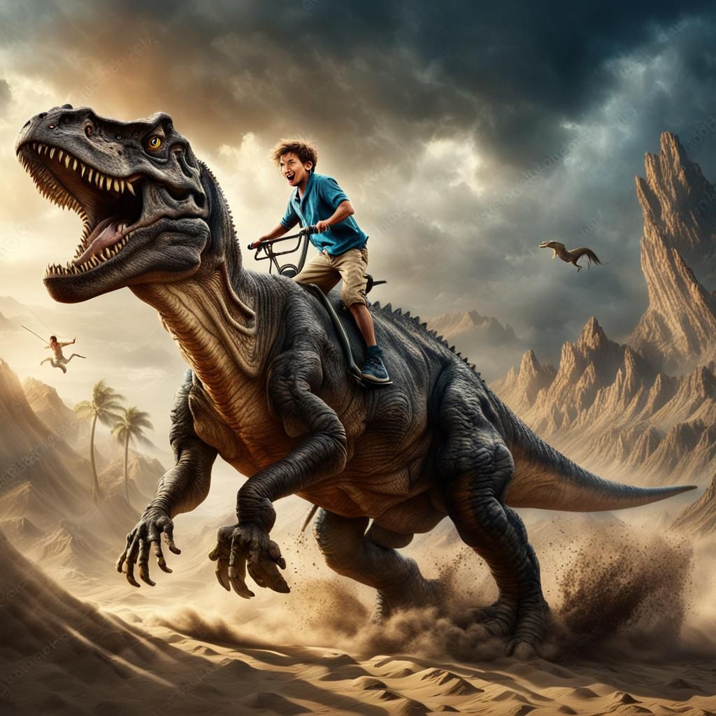 A kid boy riding on a tyrannosaurus rex, while the animal is...