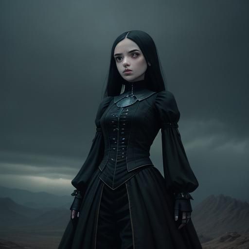A petite goth female with an hourglass figure Cinematic film...