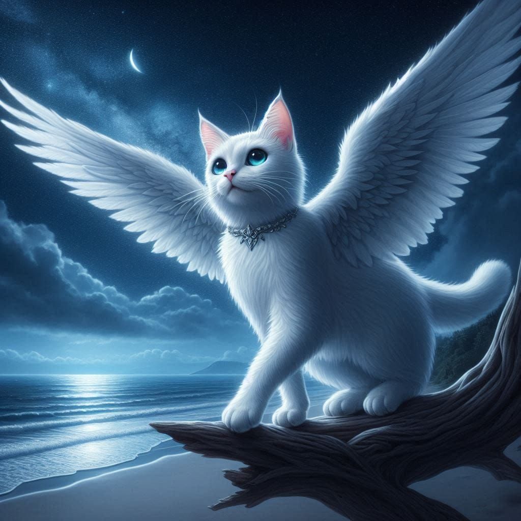 Красивый белый кот с крыльями смотрит на пляж ночью