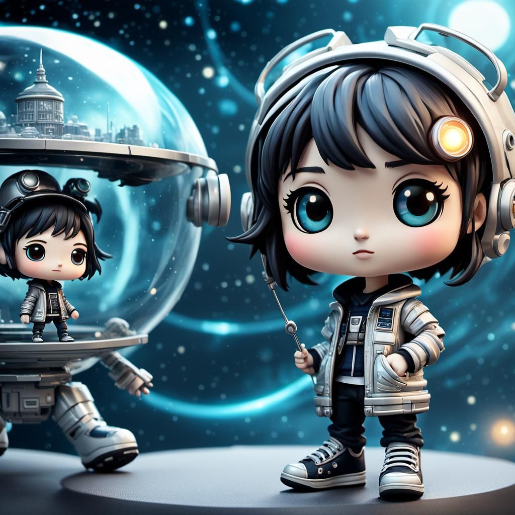 A Cute adorable happy chibi time traveler bobblehead, with a...