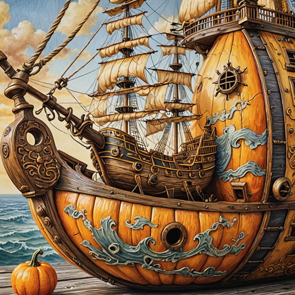 Close-up of a Gourd with Pirate Ship Design:
A finely detailed gourd shaped like a pirate ship, its textures showing intricate craftsmanship...