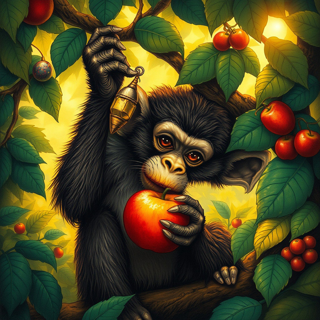 Monkey Eating Apple in Lush Jungle, Art Nouveau Style