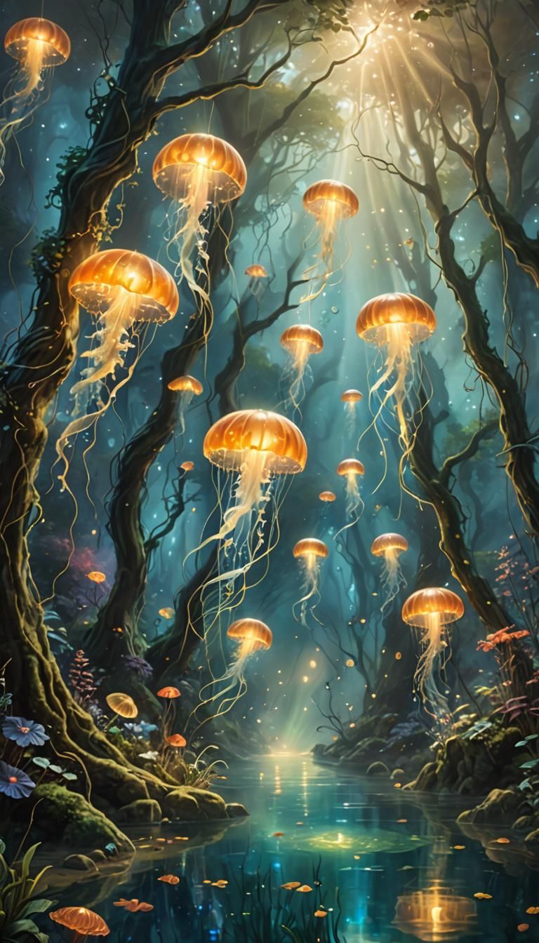 Underwater Forest with Glowing Jellyfish: Kinkade Style