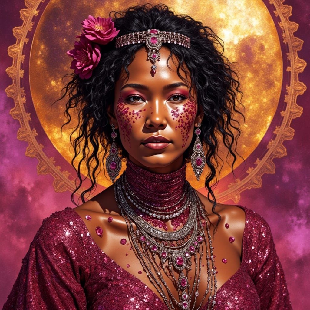 <lora:Metal Fusion:1.0> A native woman wearing a dress of melting liquid Winza Rubies. <lora:Archetypal Images:1.0> <lora:Winza Rubies:1.0> ...