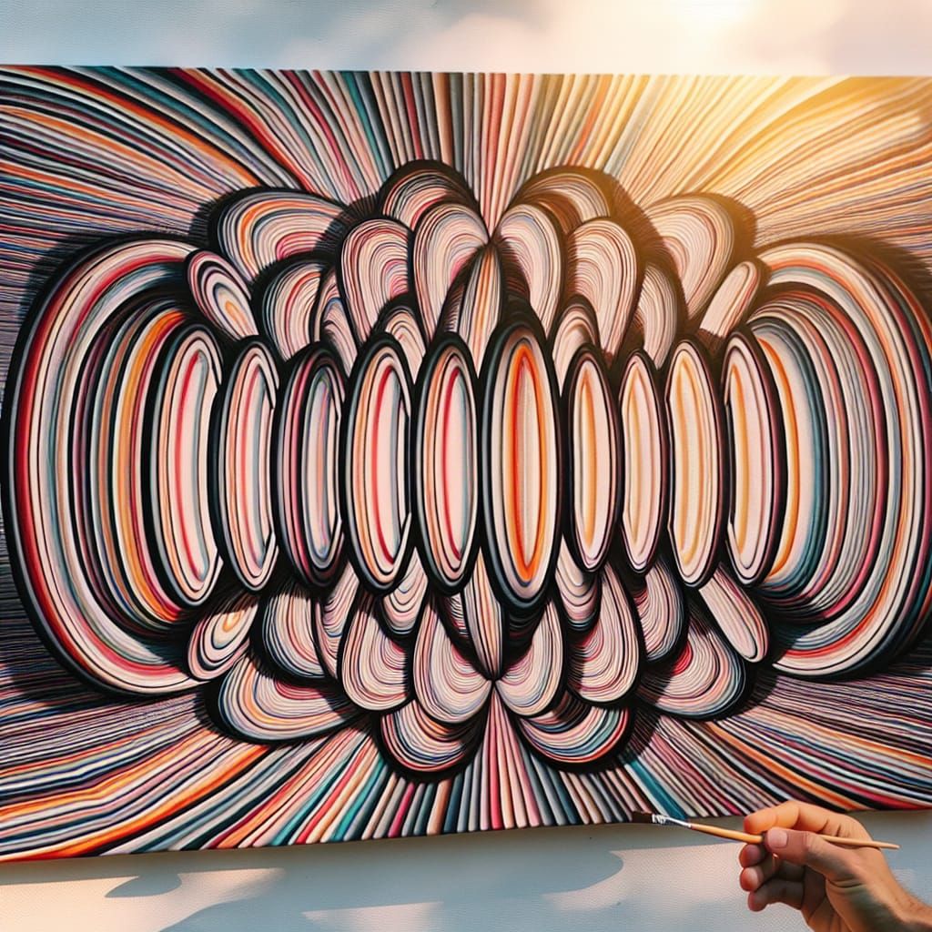 Overlapping long ovals of multicolored paint on canvas thin ...