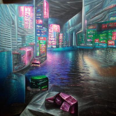 Cyberpunk, vaporwave, city in the dark. Hyperrealism, detailed painting, polished, dynamic lighting