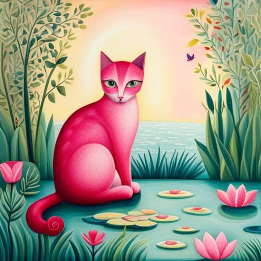 Pink cat sitting by a pond