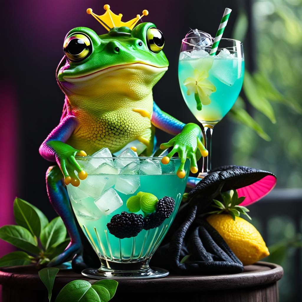 cute colorful frog sitting a mixed drink of emo lemonade