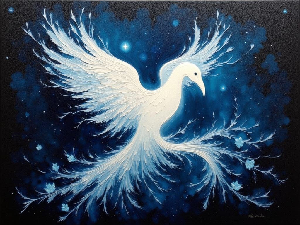 <lora:MoonNight2:1.0> heavily textured impasto, midnight, white bird spirit translucent bird ghost