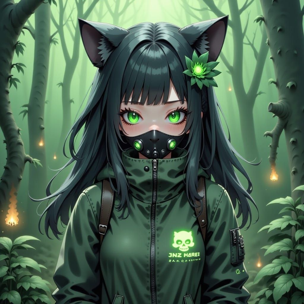<lora:FairytaleCalamity Fx:1.0>, cat girl, anthropomorphic cat girl, lush flora, green glowing flower eyes, long hair, detailed head and sho...