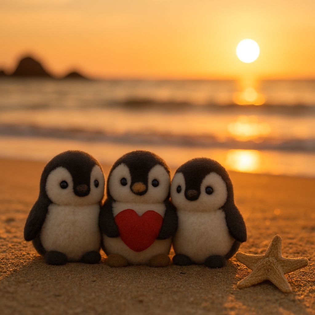 Plush Penguins Enjoying a Sunset Beach