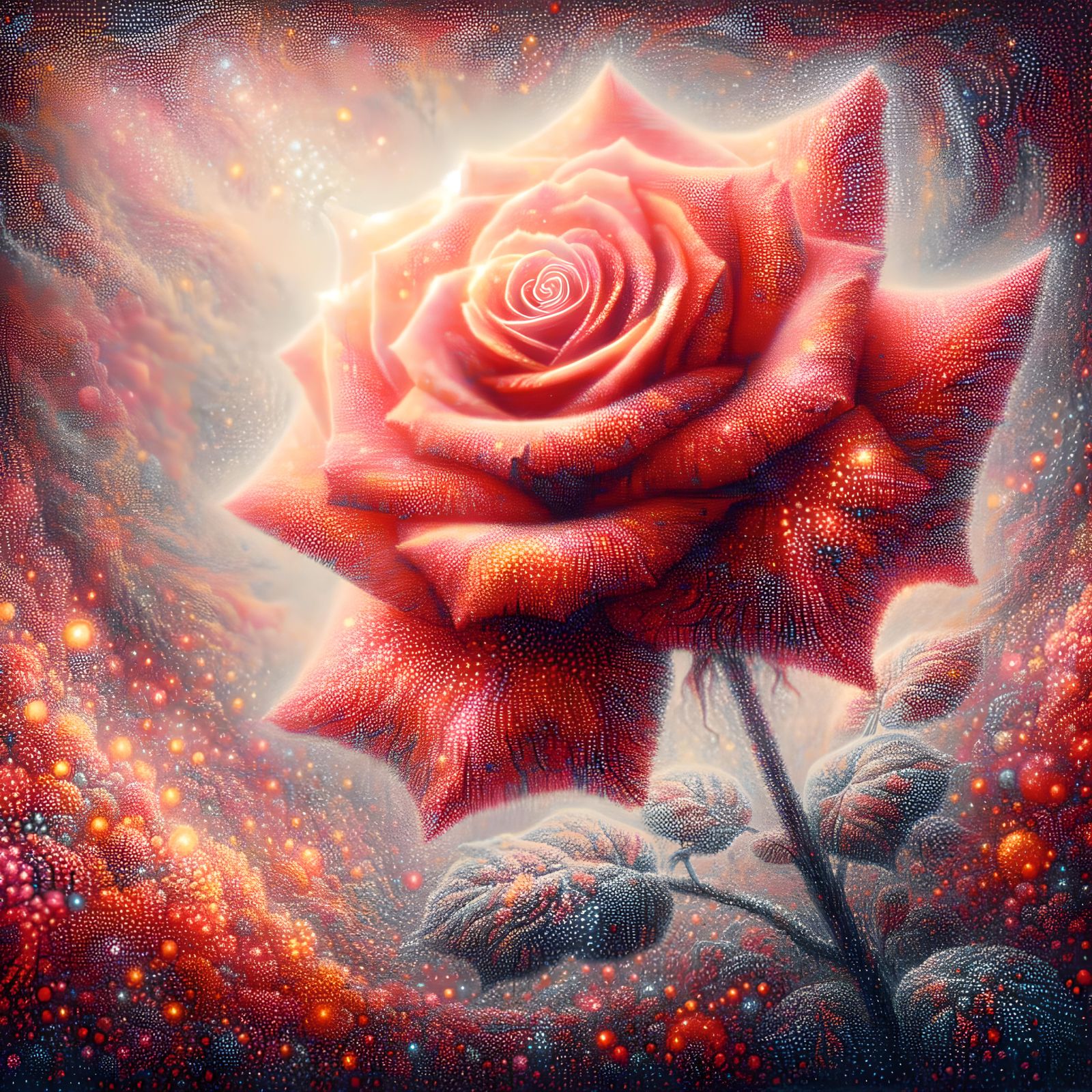 Pointillism, a large beautiful red glittering rose made of coloured dots. High resolution.   by @Irene