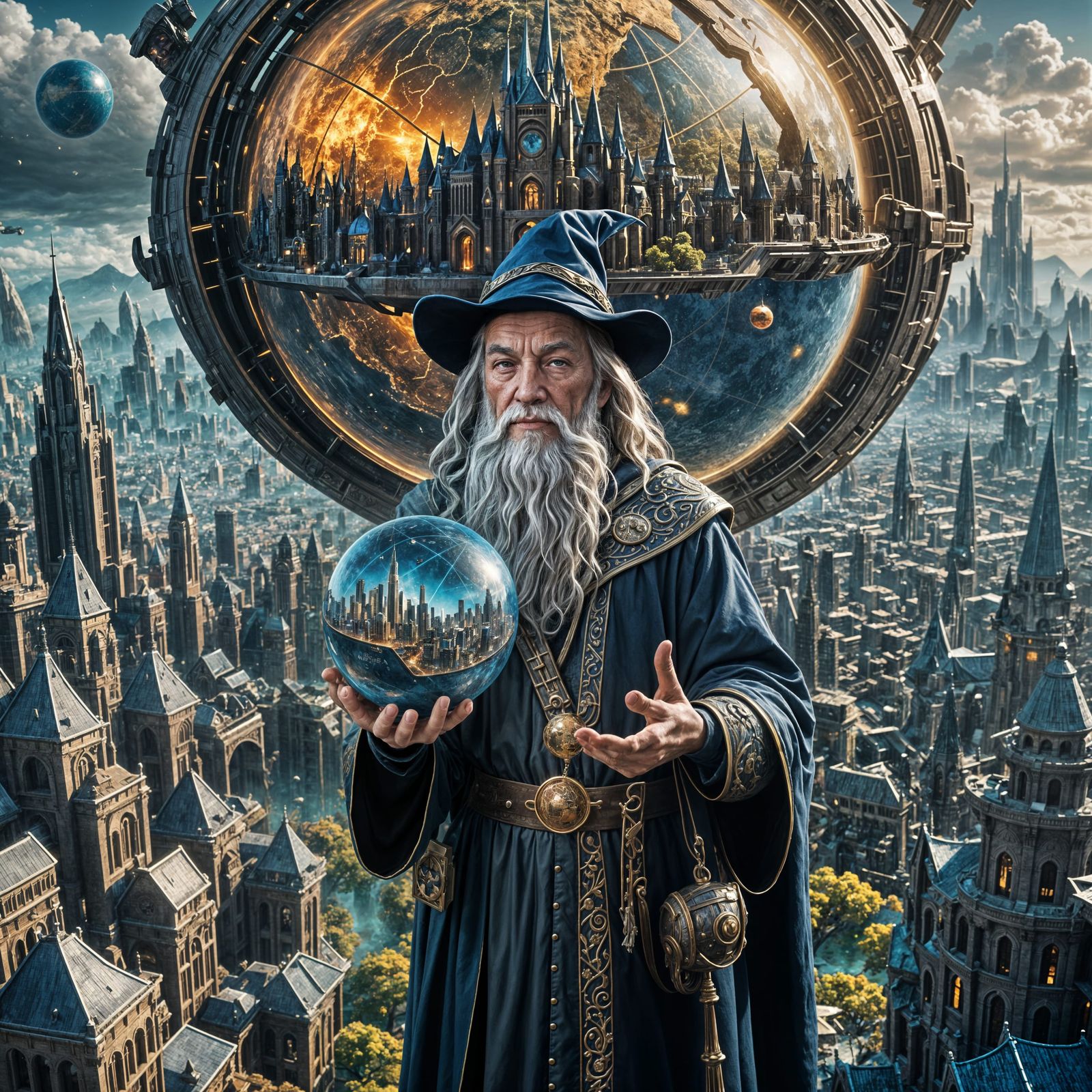 An Old Wizard Holding Up A Globe With A Futuristic City Insi...