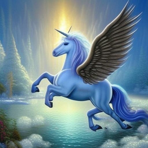 beautiful winged icy blue unicorn with a brown mane and tail, hyper ...